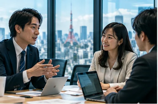 東京のオフィスで事業戦略について話し合うチーム